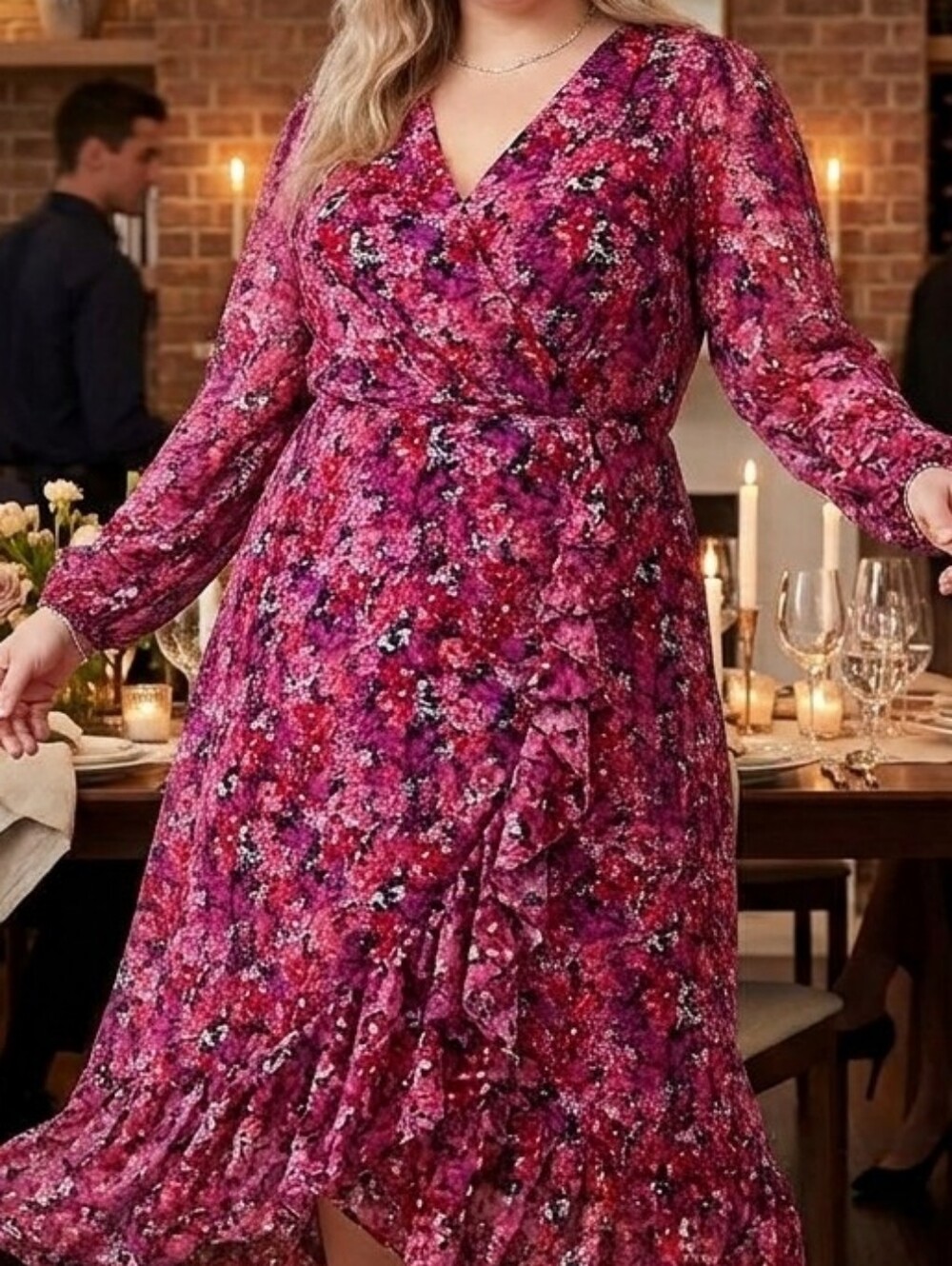 Express Fuchsia Floral Wrap Midi Dress